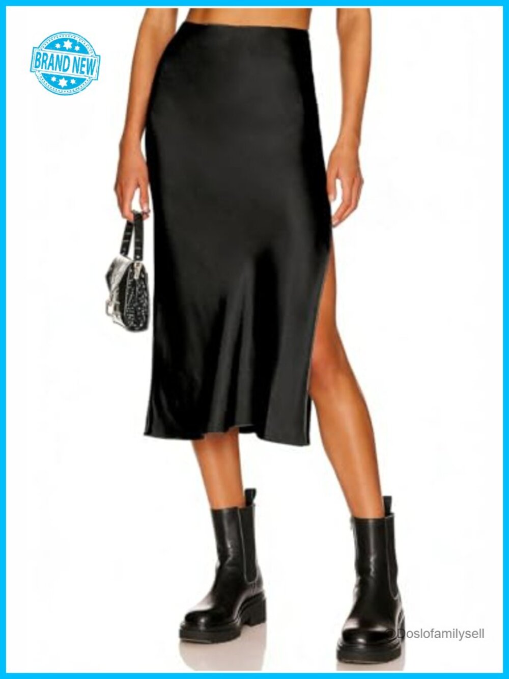 Satin Silk High Waist Slit Midi Skirt Flowy Elastic Waist